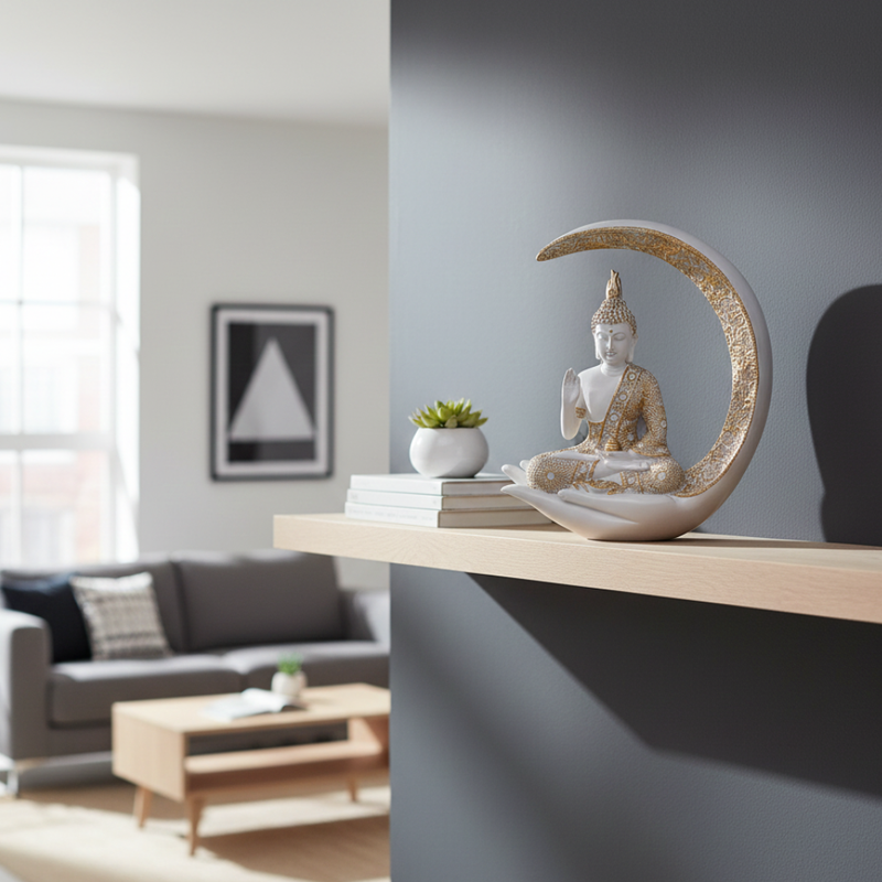 White & Gold Meditating Buddha Statue in Crescent Moon