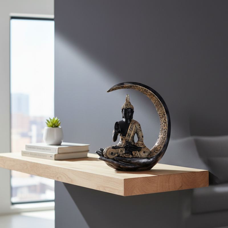 Black & Gold Meditating Buddha Crescent Moon Statue