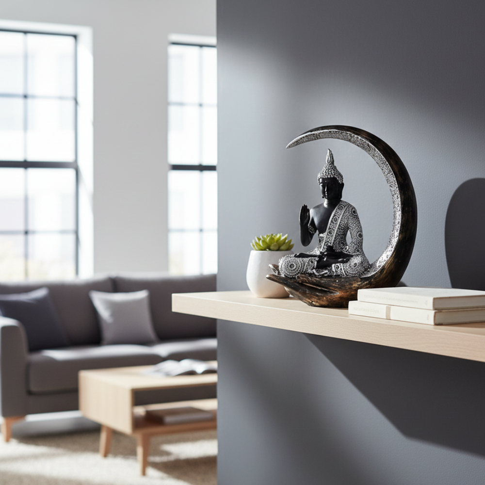 Black & Silver Buddha on Crescent Moon Statue