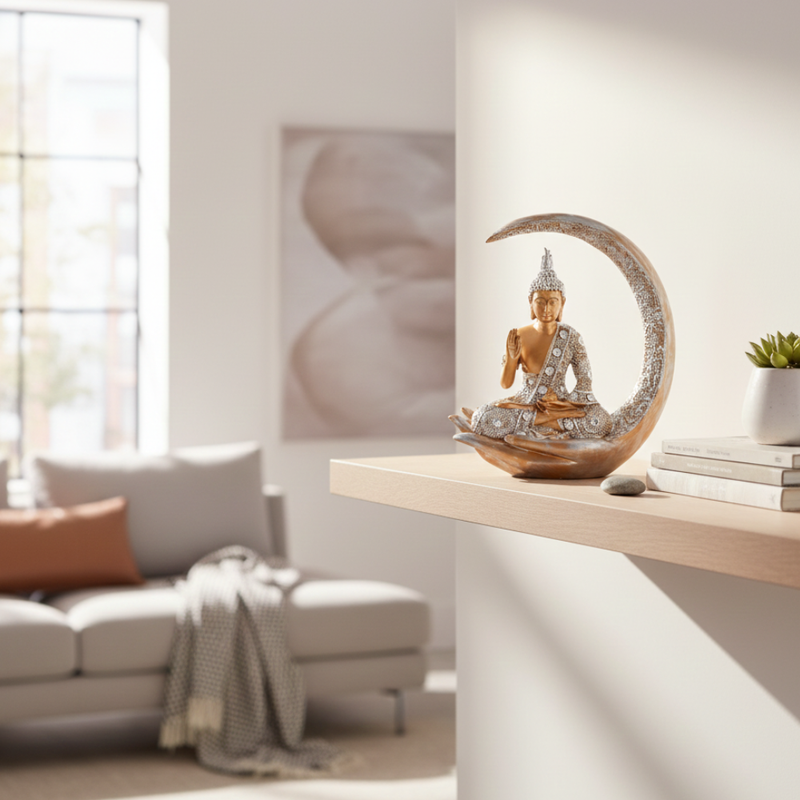 Golden Buddha Idol with Crescent Moon Showpiece