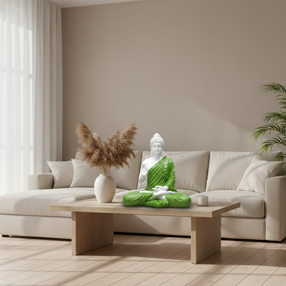 White & Green Meditation Buddha Statue