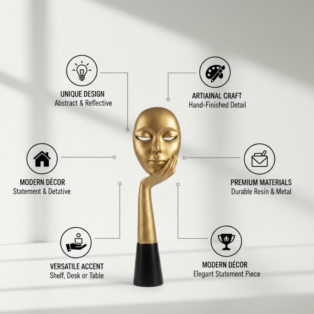 Golden Abstract Face Sculpture with Hand Pose