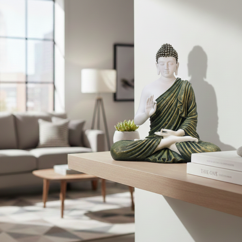 Ivory & Antique Green Meditating Buddha Statue