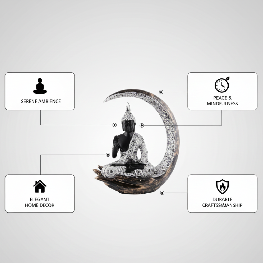 Black & Silver Buddha on Crescent Moon Statue