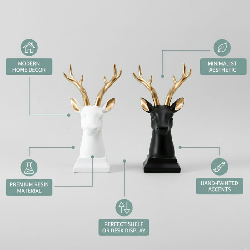 Luxury White & Black Deer Head Figurines