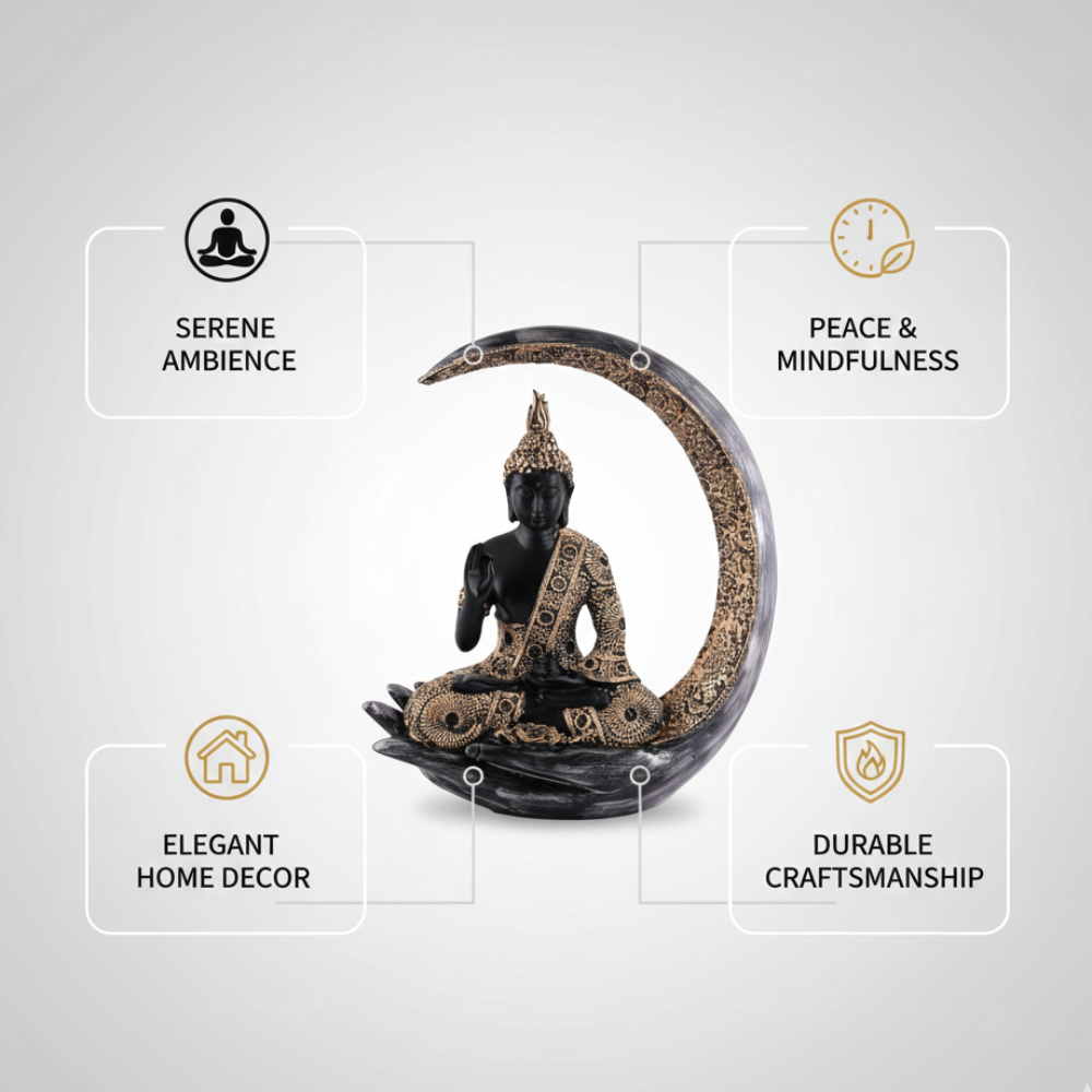 Black & Gold Meditating Buddha Crescent Moon Statue