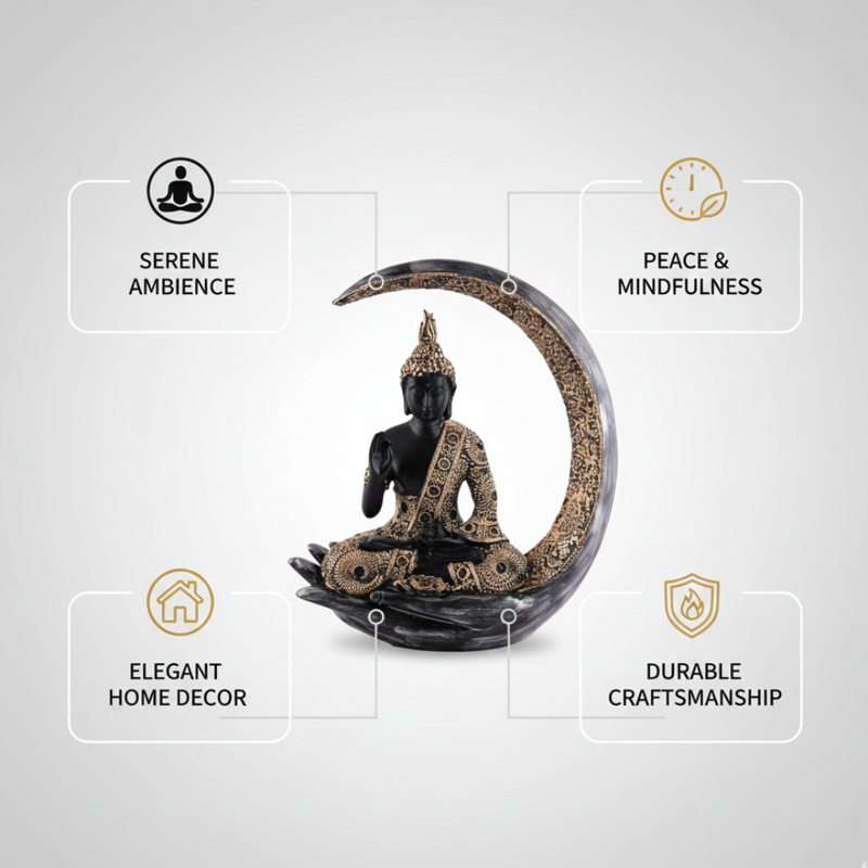 Black & Gold Meditating Buddha Crescent Moon Statue