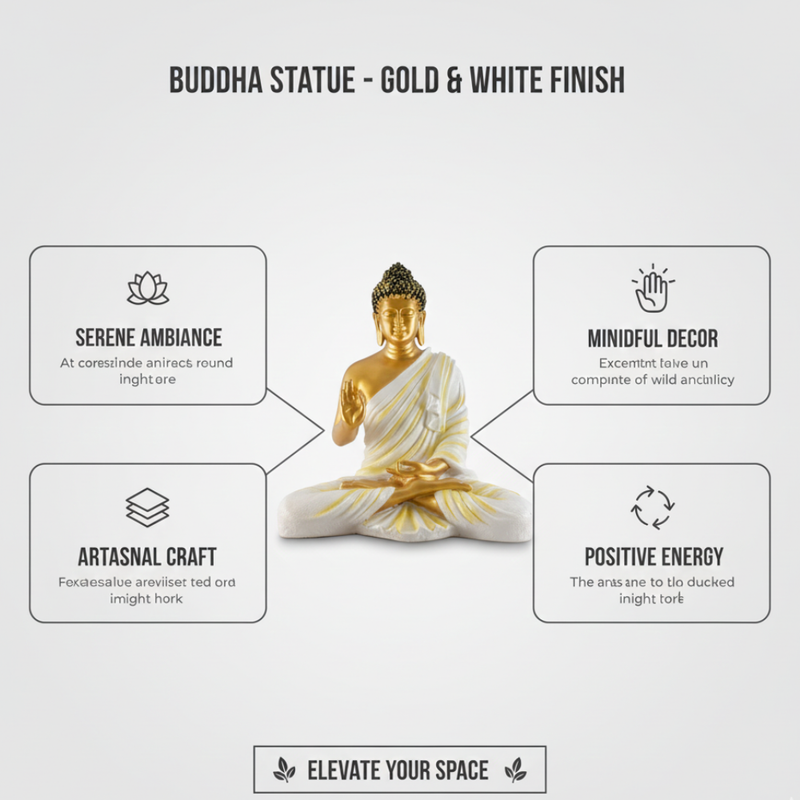 Gold & White Meditating Buddha Statue in Abhaya Mudra