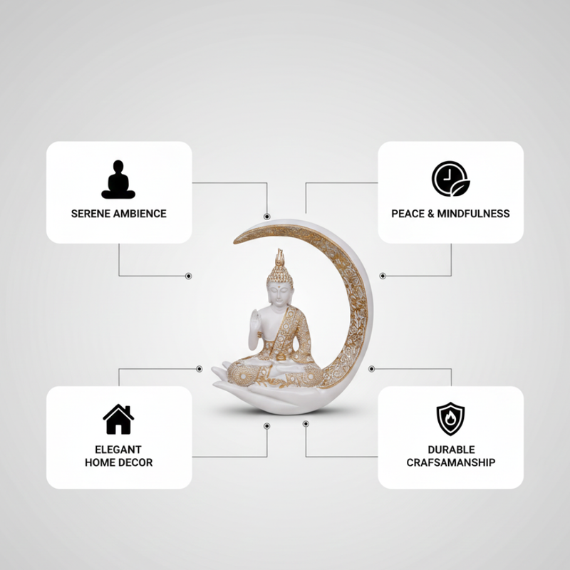 White & Gold Meditating Buddha Statue in Crescent Moon