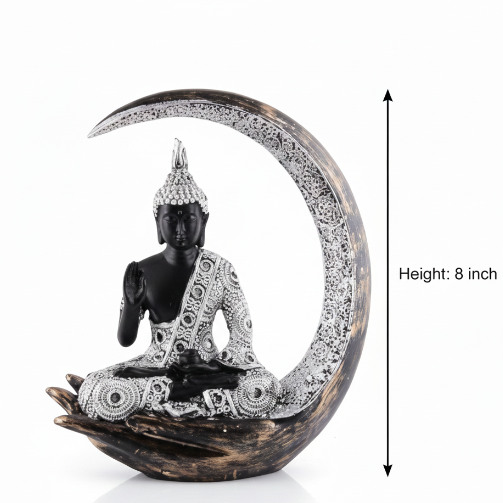 Black & Silver Buddha on Crescent Moon Statue