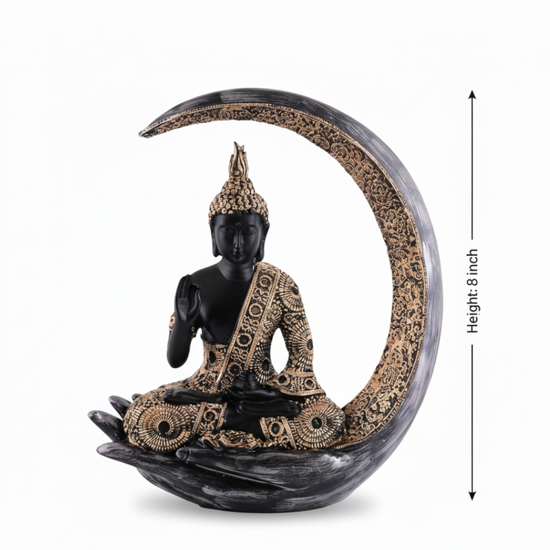 Black & Gold Meditating Buddha Crescent Moon Statue