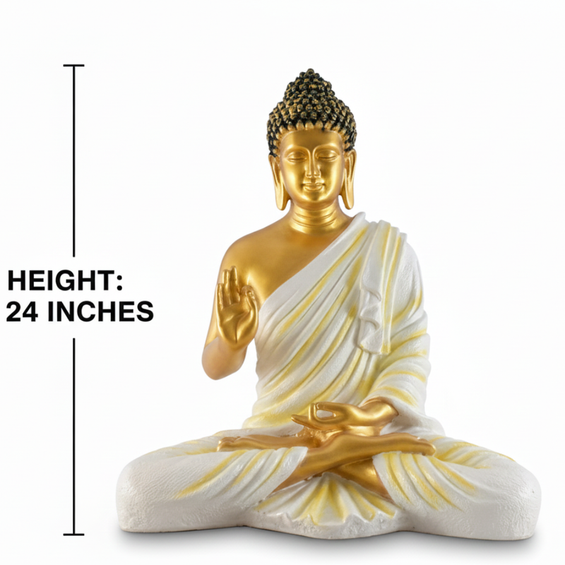 Gold & White Meditating Buddha Statue in Abhaya Mudra