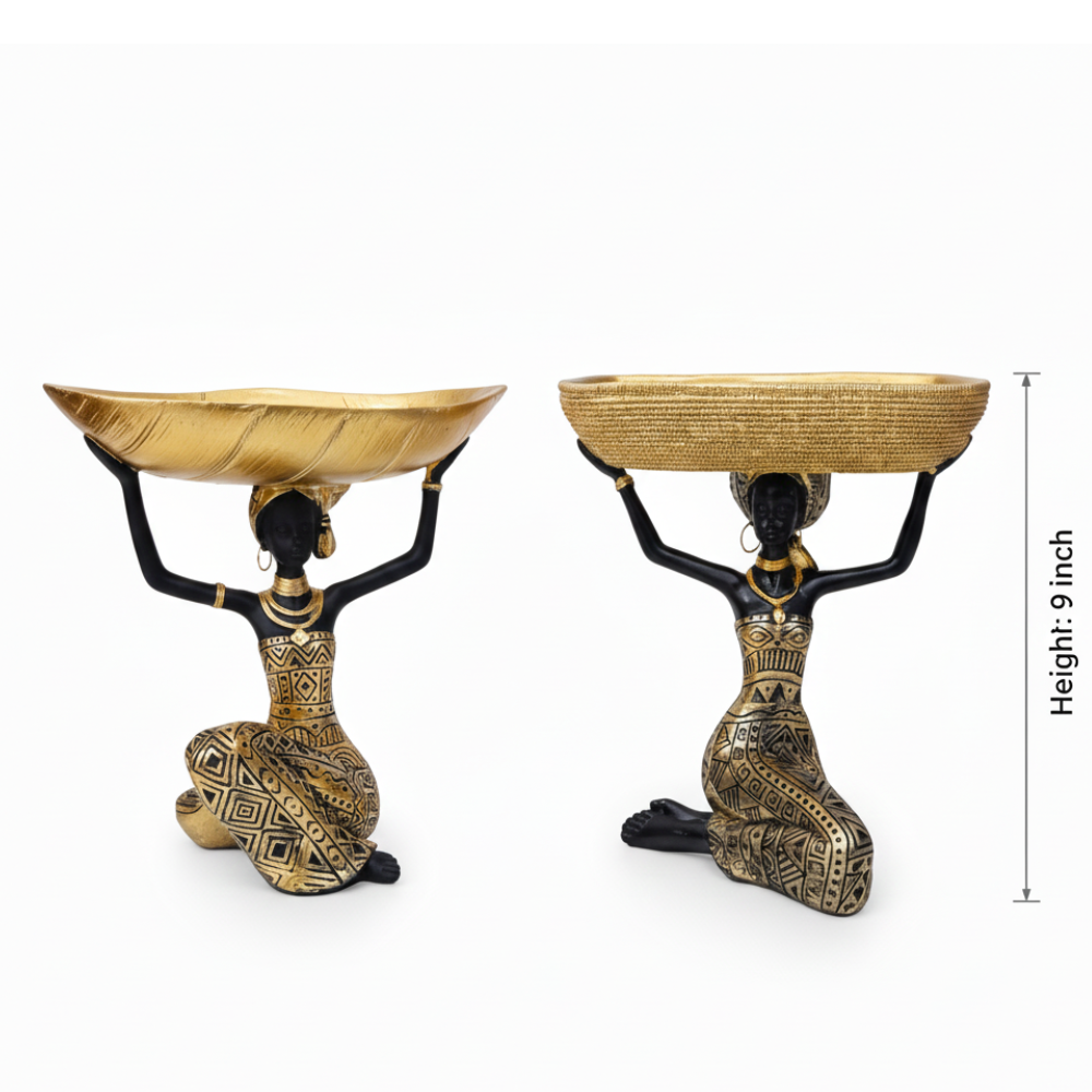 African Tribal Woman Decorative Bowl Statue