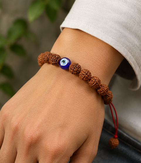Authentic 5 Mukhi Rudraksha Evil Eye Tie-up Band