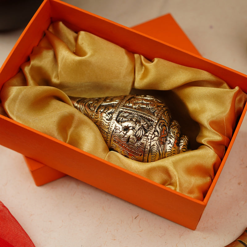 Brass Ganesh Shankh with Carvings (5.5 Inch) - With Luxurious Gift Box | 470g
