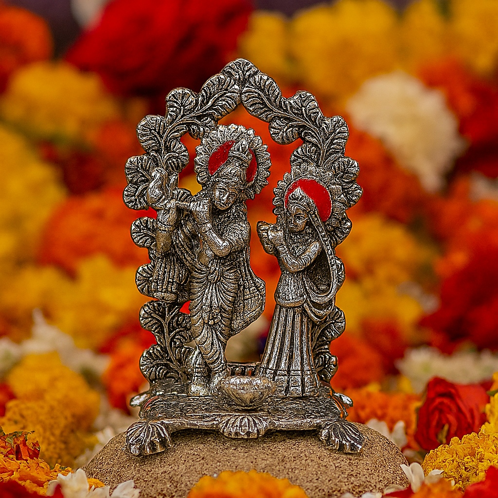 Silver Plated Radha Krishna Idol with Diya 7" | 380g