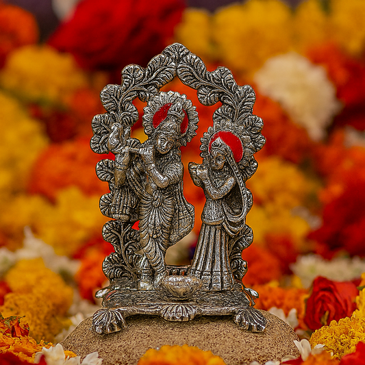 Silver Plated Radha Krishna Idol with Diya 7" | 380g