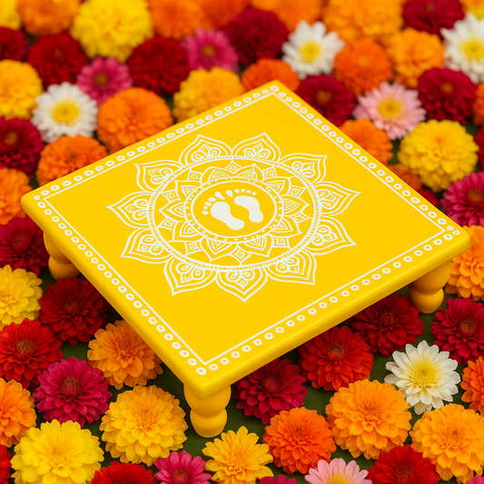 Yellow Aipan Laxmi Charan Pooja chowki 11x11 Inch