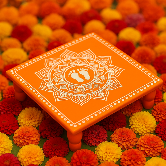 Orange Aipan Laxmi Charan Pooja chowki 11x11 Inch