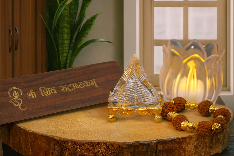 Divine Energy Combo: Shiv Rudrashtakam Wooden Book,Vastu Crystal Yantra,Rudraksh Bracelet