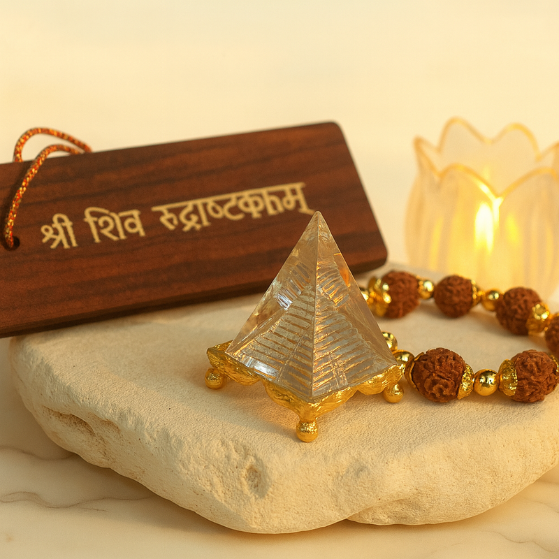 Divine Energy Combo: Shiv Rudrashtakam Wooden Book,Vastu Crystal Yantra,Rudraksh Bracelet