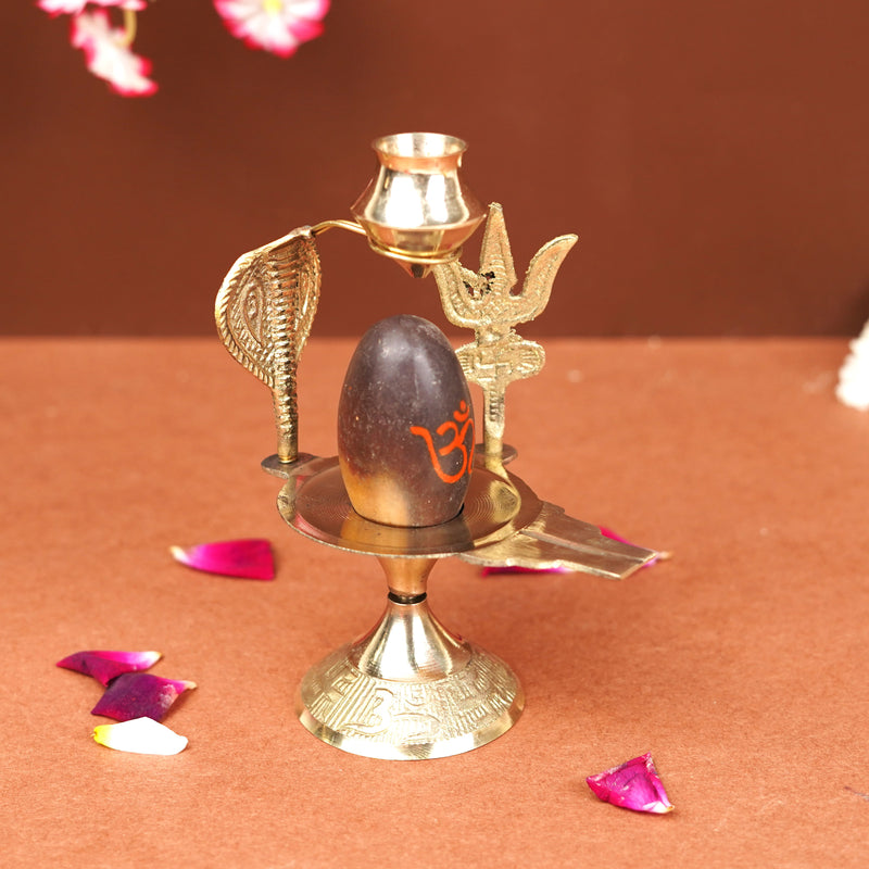 Natural Stone Narmadeshwar Shivling with Small Golden Trishul & Temple Figurine (6 Inch) |190g