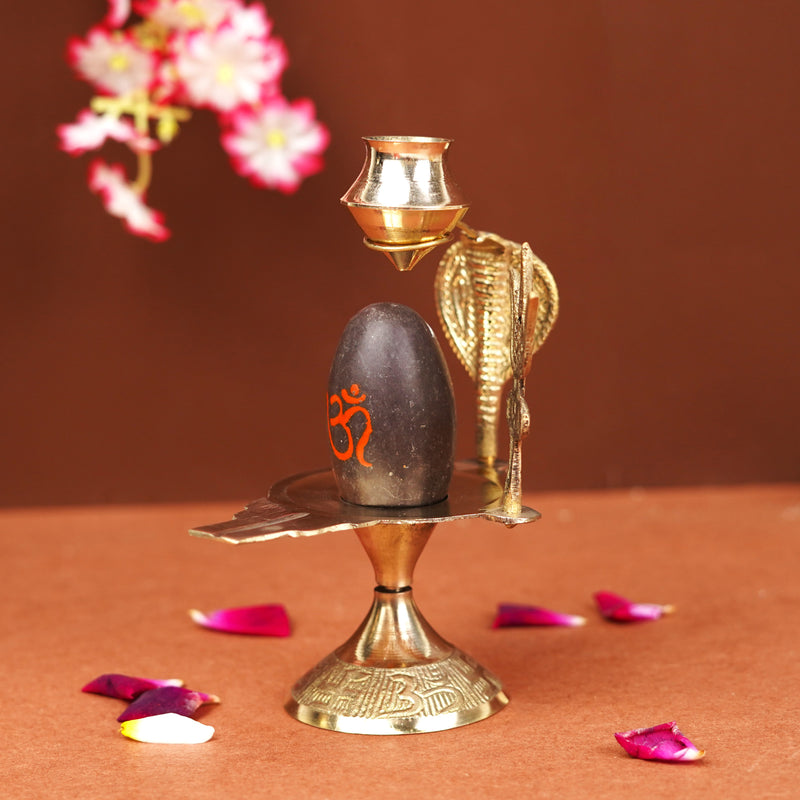 Natural Stone Narmadeshwar Shivling with Small Golden Trishul & Temple Figurine (6 Inch) |190g