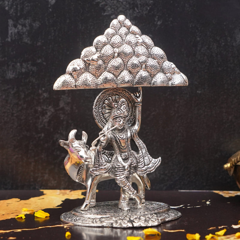 Govardhan Krishna Idol 8.5" Silver Plated | 480g