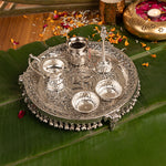 Intricately Designed Silver Pooja Thali Set with Elephant Trunk Shaped Stand | 970g