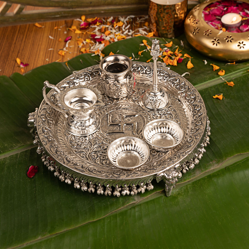 Intricately Designed Silver Pooja Thali Set with Elephant Trunk Shaped Stand | 970g