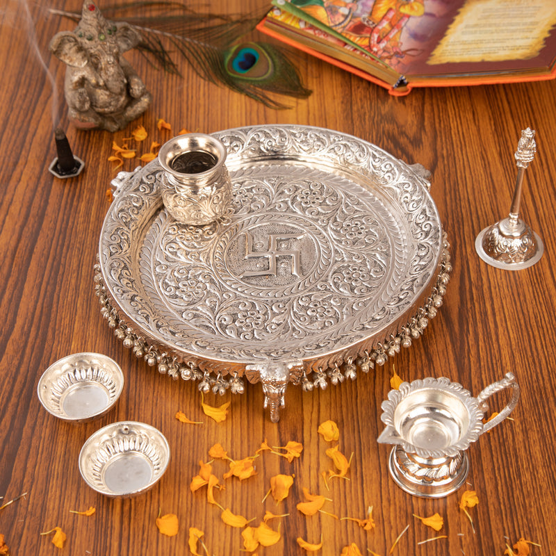 Intricately Designed Silver Pooja Thali Set with Elephant Trunk Shaped Stand | 970g
