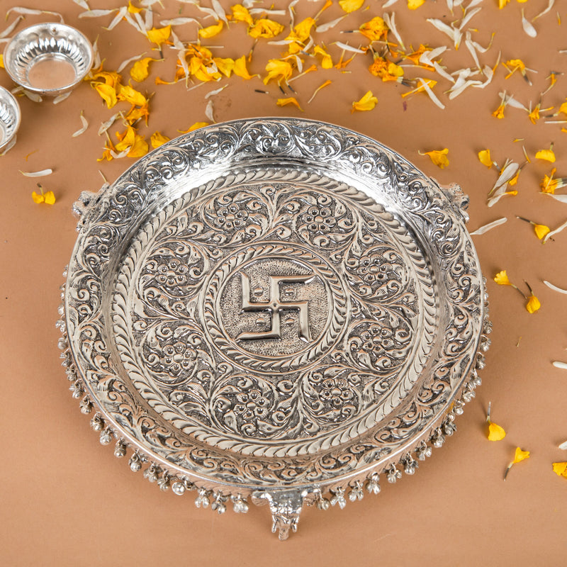 Intricately Designed Silver Pooja Thali Set with Elephant Trunk Shaped Stand | 970g