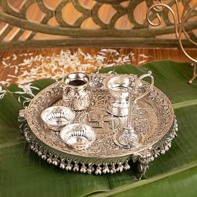 Intricately Designed Silver Pooja Thali Set with Elephant Trunk Shaped Stand | 970g