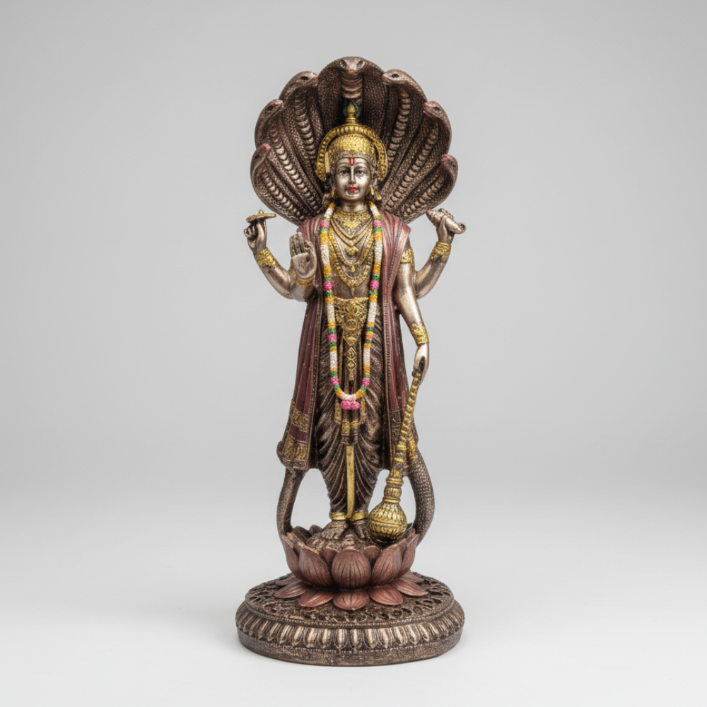 Lord Vishnu Idol Showpiece – Detailed Polyresin Statue with Serpent Canopy & Lotus Base