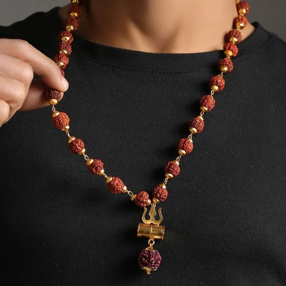 NakshatraOne Gold Plated Om Trishool Rudraksha Necklace