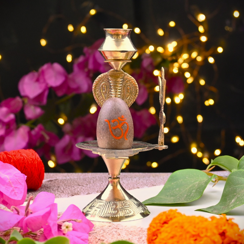 Natural Stone Narmadeshwar Shivling with Small Golden Trishul & Temple Figurine (6 Inch) |190g