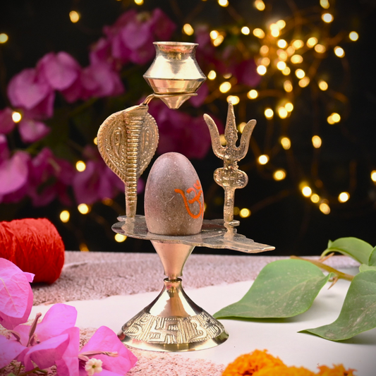 Natural Stone Narmadeshwar Shivling with Small Golden Trishul & Temple Figurine (6 Inch) |190g