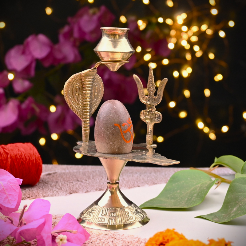 Natural Stone Narmadeshwar Shivling with Small Golden Trishul & Temple Figurine (6 Inch) |190g