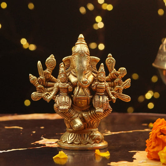 Pure Brass Riddhi Siddhi Ganesh ji Statue, H: 4.5 inches | 630g
