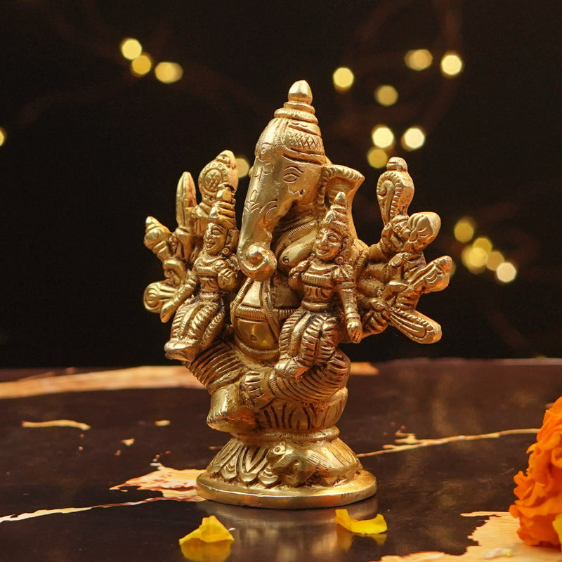 Pure Brass Riddhi Siddhi Ganesh ji Statue, H: 4.5 inches | 630g