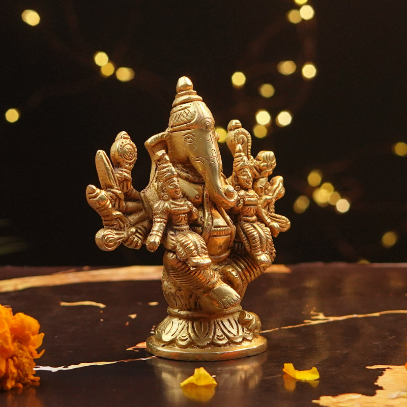 Pure Brass Riddhi Siddhi Ganesh ji Statue, H: 4.5 inches | 630g