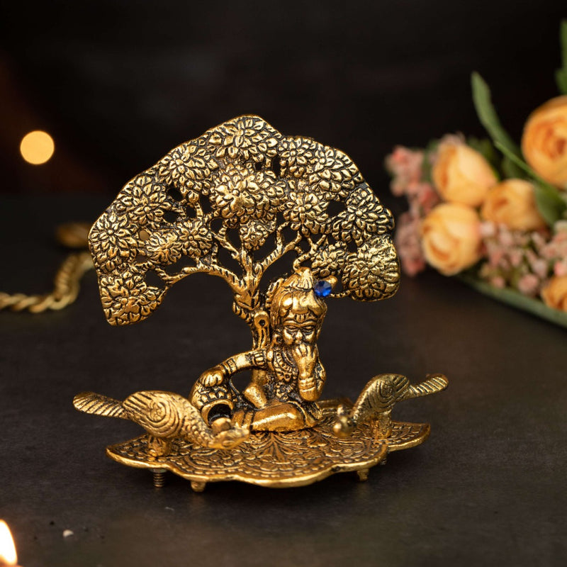 Gold Plated Krishna Sitting Under Tree With Peacock 5 Inch | 155g