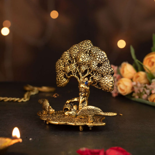Gold Plated Krishna Sitting Under Tree With Peacock 5 Inch | 155g