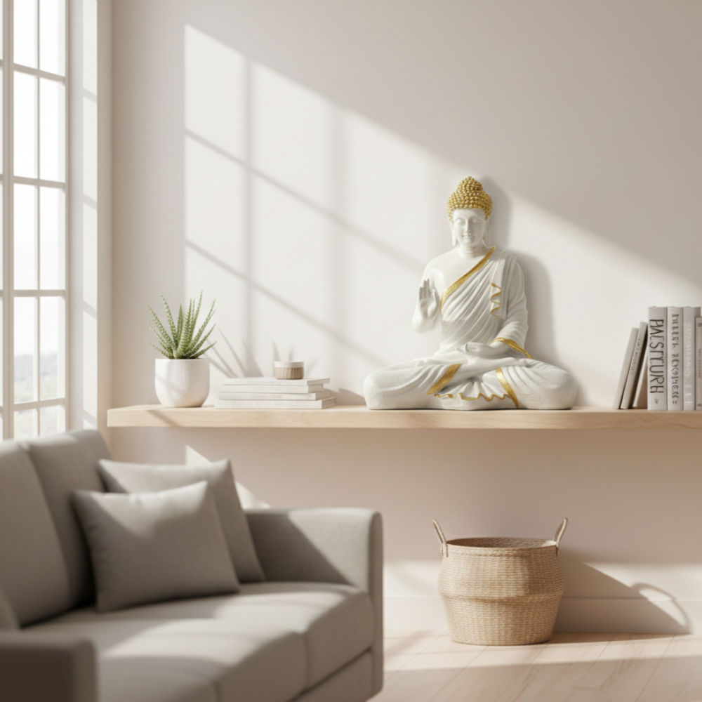 15-Inch White & Gold Buddha Idol Showpiece for Home Decor