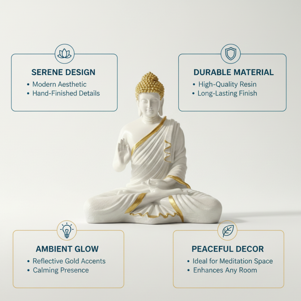 15-Inch White & Gold Buddha Idol Showpiece for Home Decor