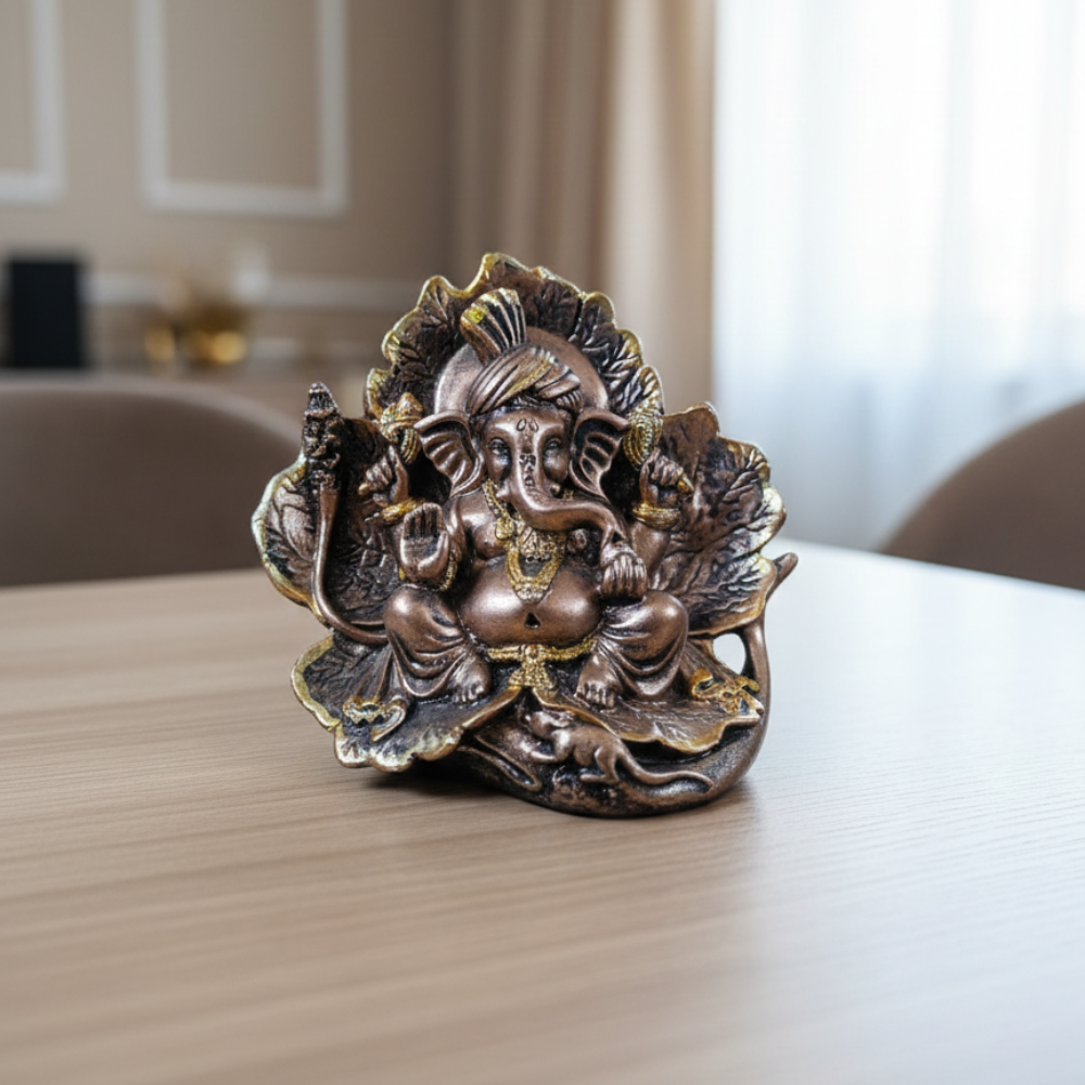 Premium Leaf-Design Ganesha Idol Showpiece – Antique Finish Decorative Murti