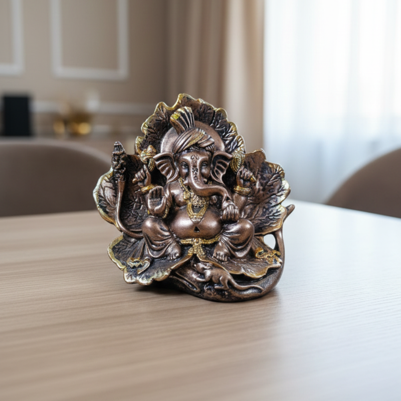 Premium Leaf-Design Ganesha Idol Showpiece – Antique Finish Decorative Murti