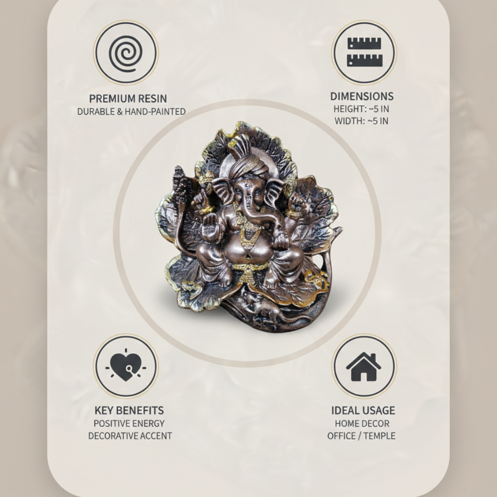 Premium Leaf-Design Ganesha Idol Showpiece – Antique Finish Decorative Murti