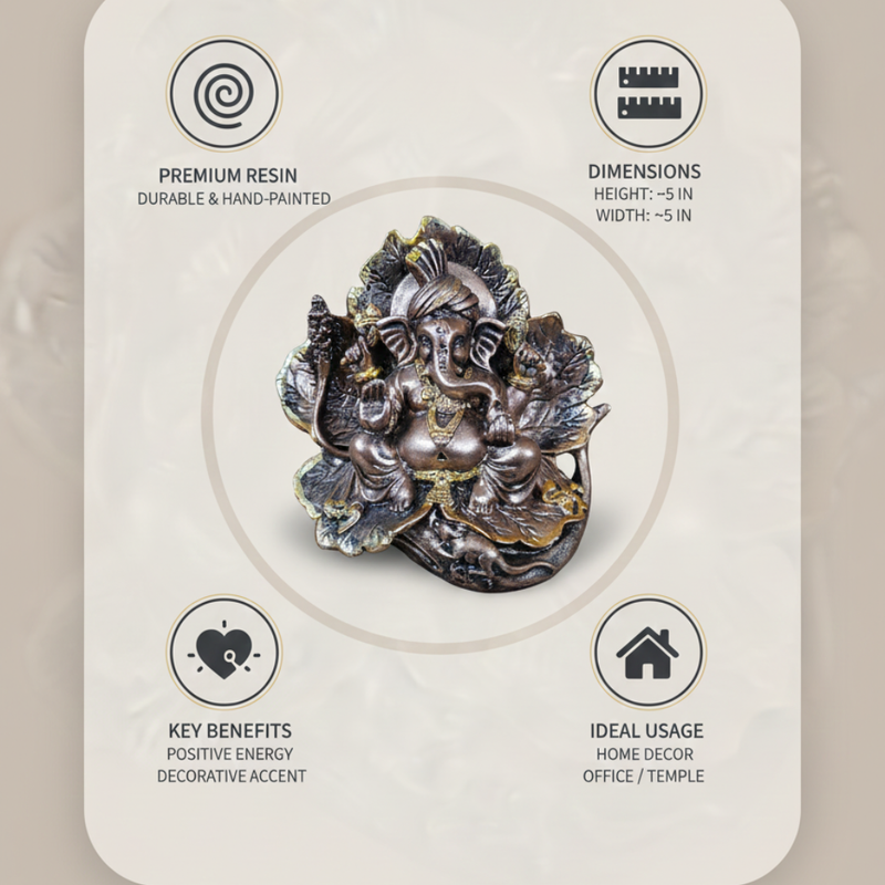 Premium Leaf-Design Ganesha Idol Showpiece – Antique Finish Decorative Murti