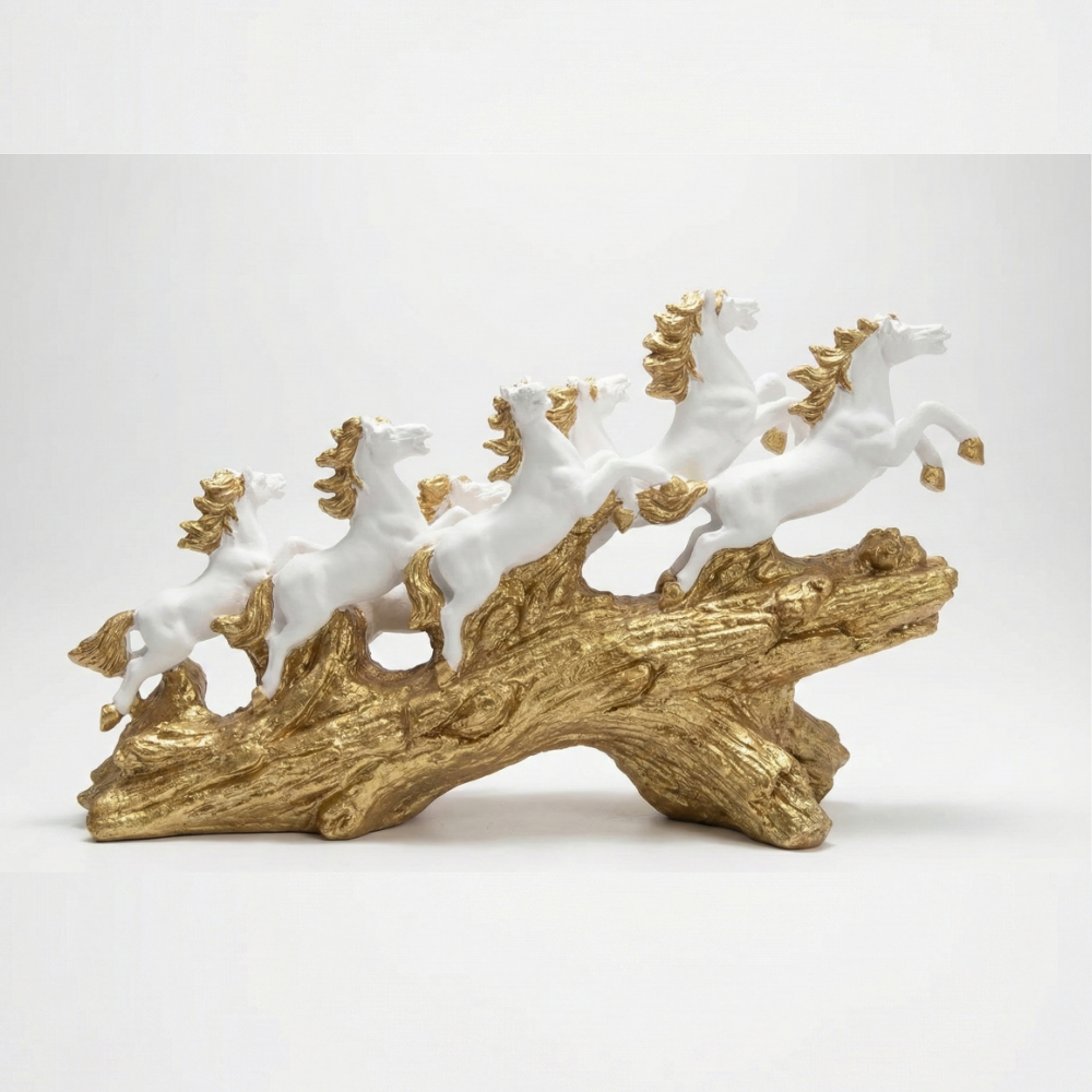 White & Gold Seven Horses Vastu Showpiece for Home Decor | 45 cm (Length) × 25 cm (Height)